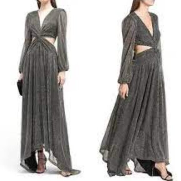 Ramy Brook Angel Pleaed Cut Out Metallic Gown Maxi Dress 2